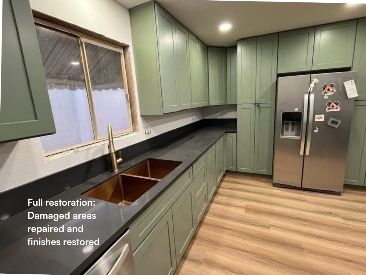 The finished kitchen after restoration: new green cabinets, dark countertops and wood-look flooring.
