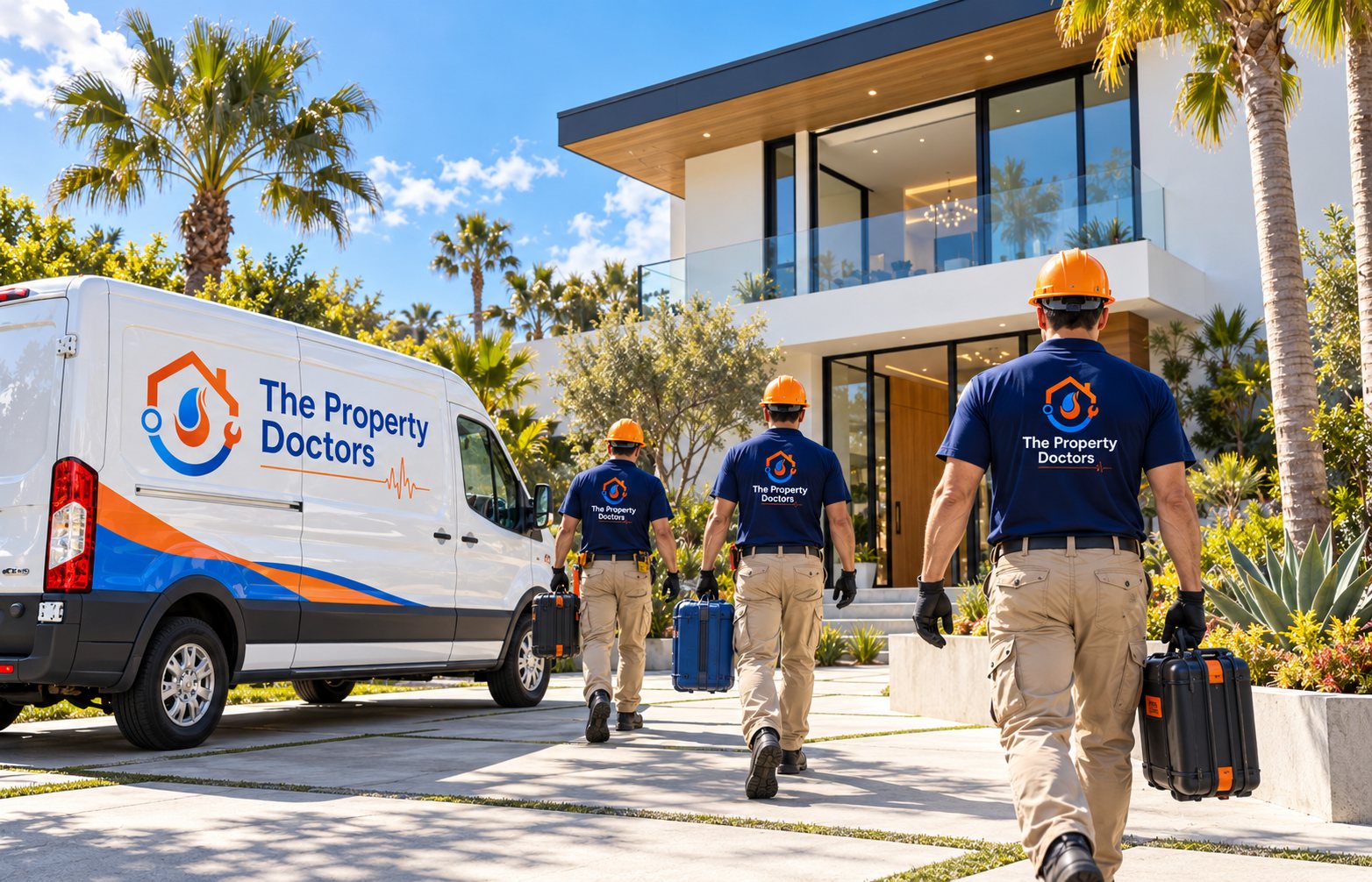 Three Property Doctors technicians in branded uniforms carrying equipment cases from the company van to a client's home.