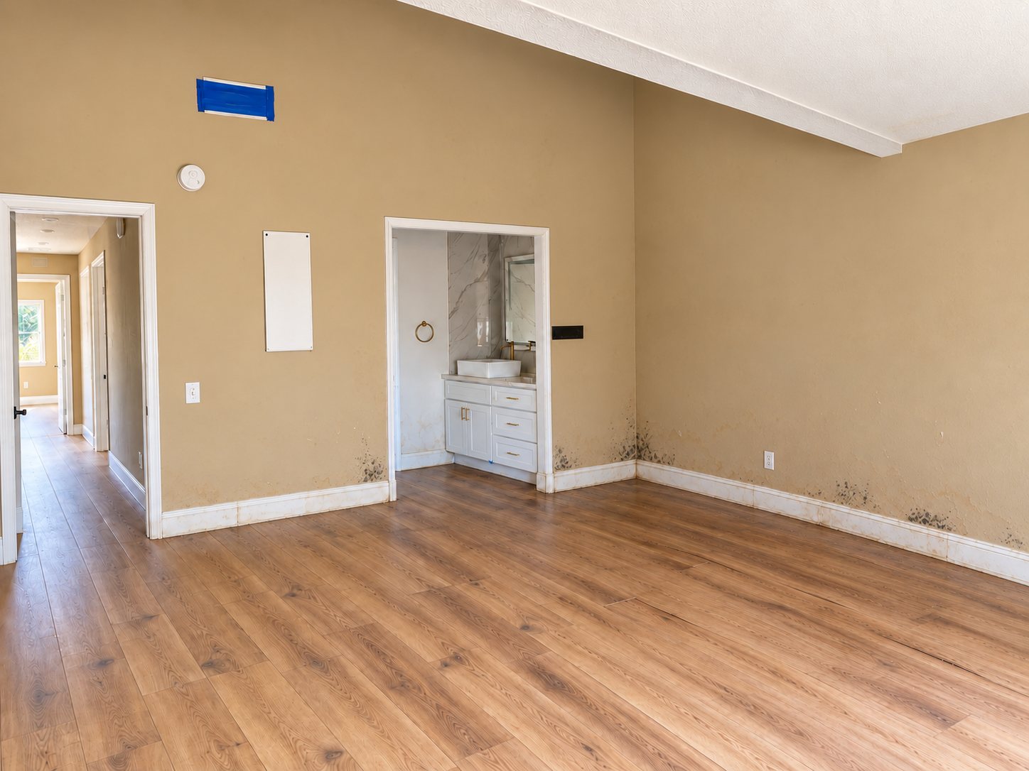 Bedroom before remediation: mold growth along the baseboards and lower walls.