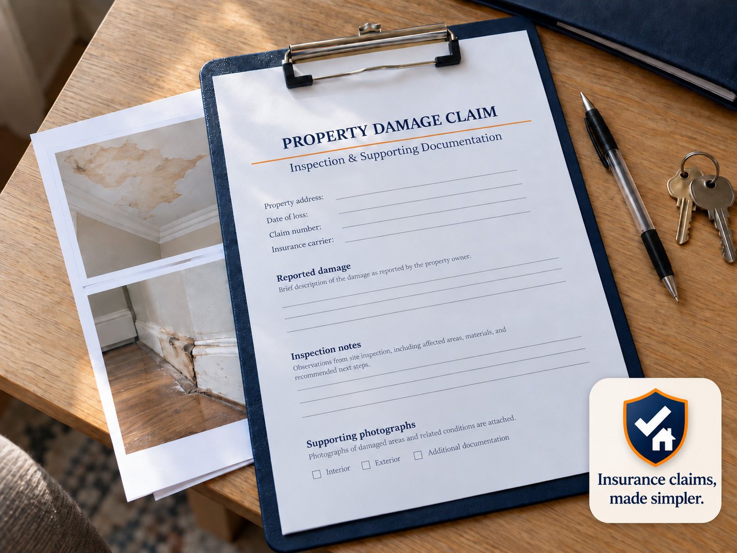 A property damage claim form on a clipboard, with supporting photographs of ceiling and wall damage attached.